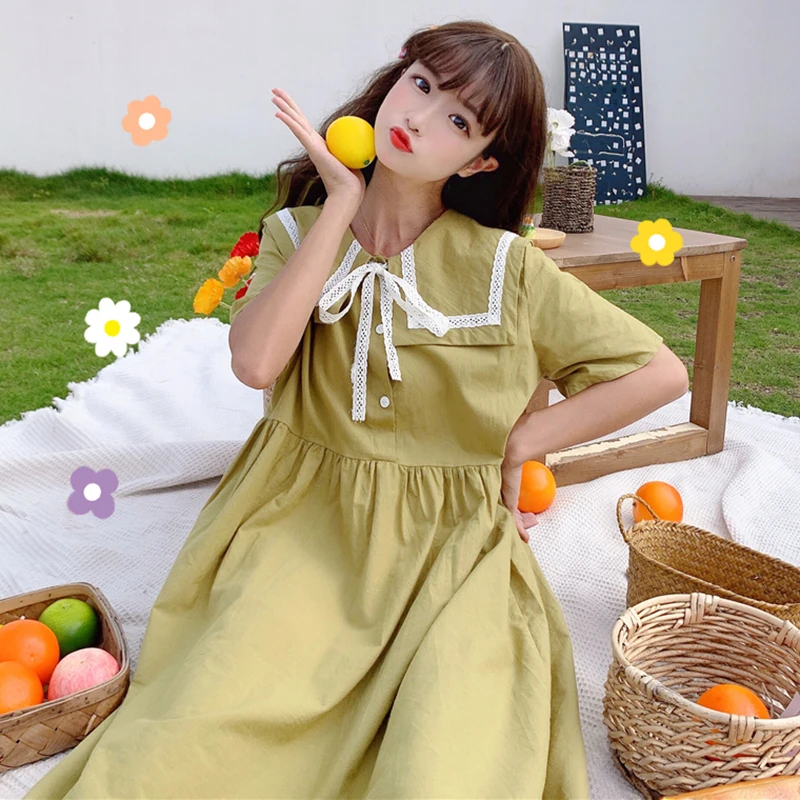 

Japanese Sailor Collar Slim-Looking Ageing Mid-Length Skirt Women's Summer Short-Sleeved Lace-up Student lolita Dress