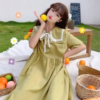 japanese sailor collar slim looking ageing mid length skirt womens summer short sleeved lace up student lolita dress