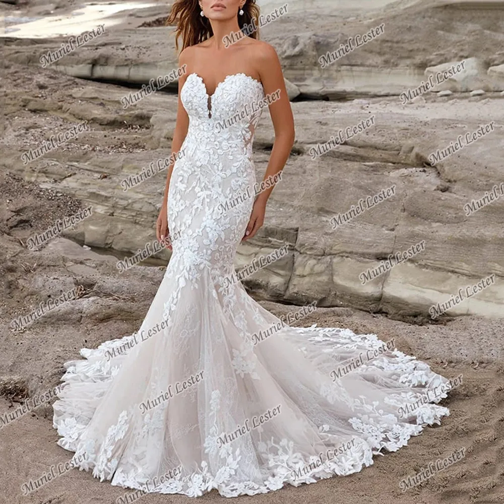 

Luxury Mermaid Wedding Dress Strapless Lace Appliques Bridal Gowns Sexy Women Marriage Bride Dresses Sleeveless Robe De Mariee