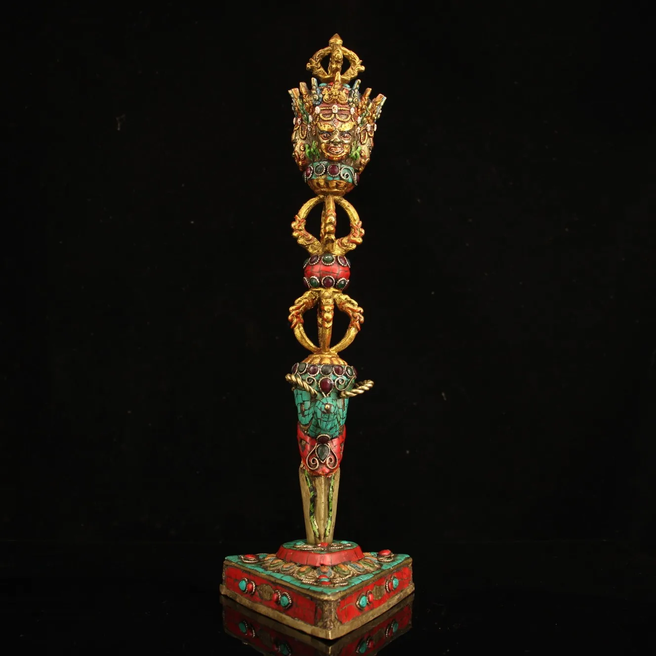 

Tibet Temple Collection Old Bronze mosaic Gem outline in gold Three-sided Mahakala Vajra drop the magic pestle Dharma Ornaments