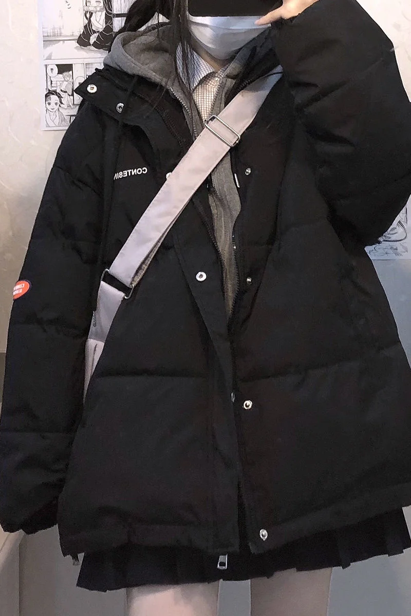 Women's Winter Jacket Neutral Wind Color Fake Two-piece Cotton Padded For Lovers Versatile Hooded Loose Coat College  2021