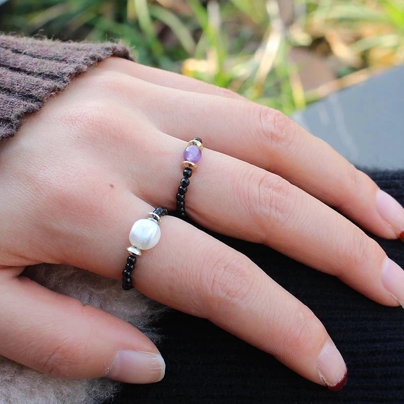 

Momiji Handmake Natural Stone Bead Ring for Women Fashion Jewelry Moonstone White Crystal Bohemian Jewelry Round Bead Ring