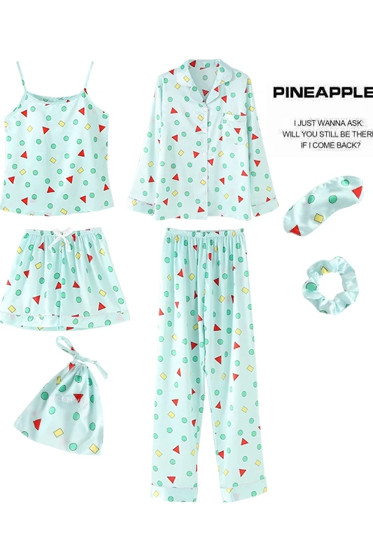 

Spring Summer Autumn 7 Pieces Set Elegant Silk Women Pajamas Print Shorts Long Sleeve Top Elastic Waist Pants Lounge Sleepwear