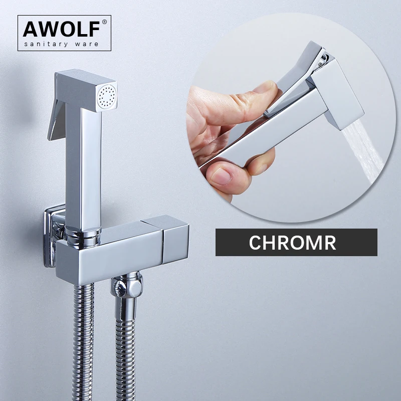 Фото Awolf хромированная гигиеническая душевая система, твердая латунь, набор распылителей для ванной комнаты, туалета и биде, квадратный комплект для душа, анальная шайба для душа AP2250 №1