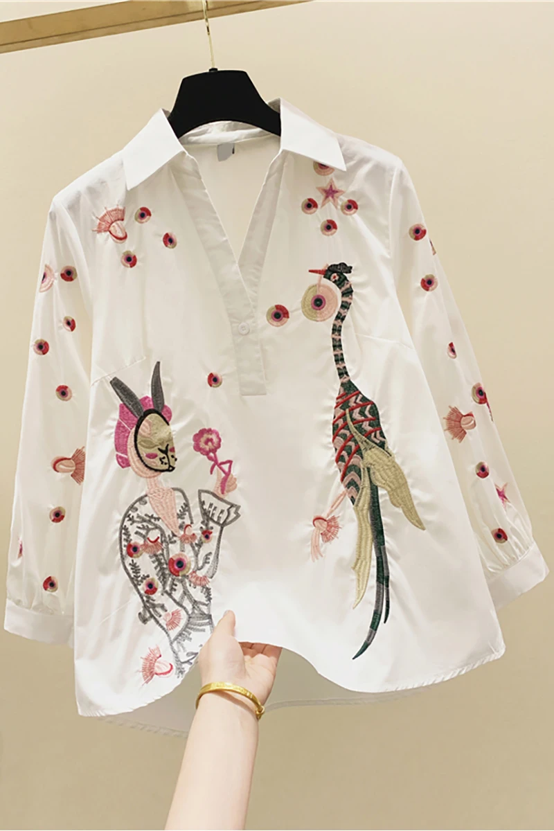 

Embroidered V-neck High Quality Shirt Women's 2020 Spring New Long-Sleeve Embroidered Shirt Doll Shirt Women's Blouse Tops