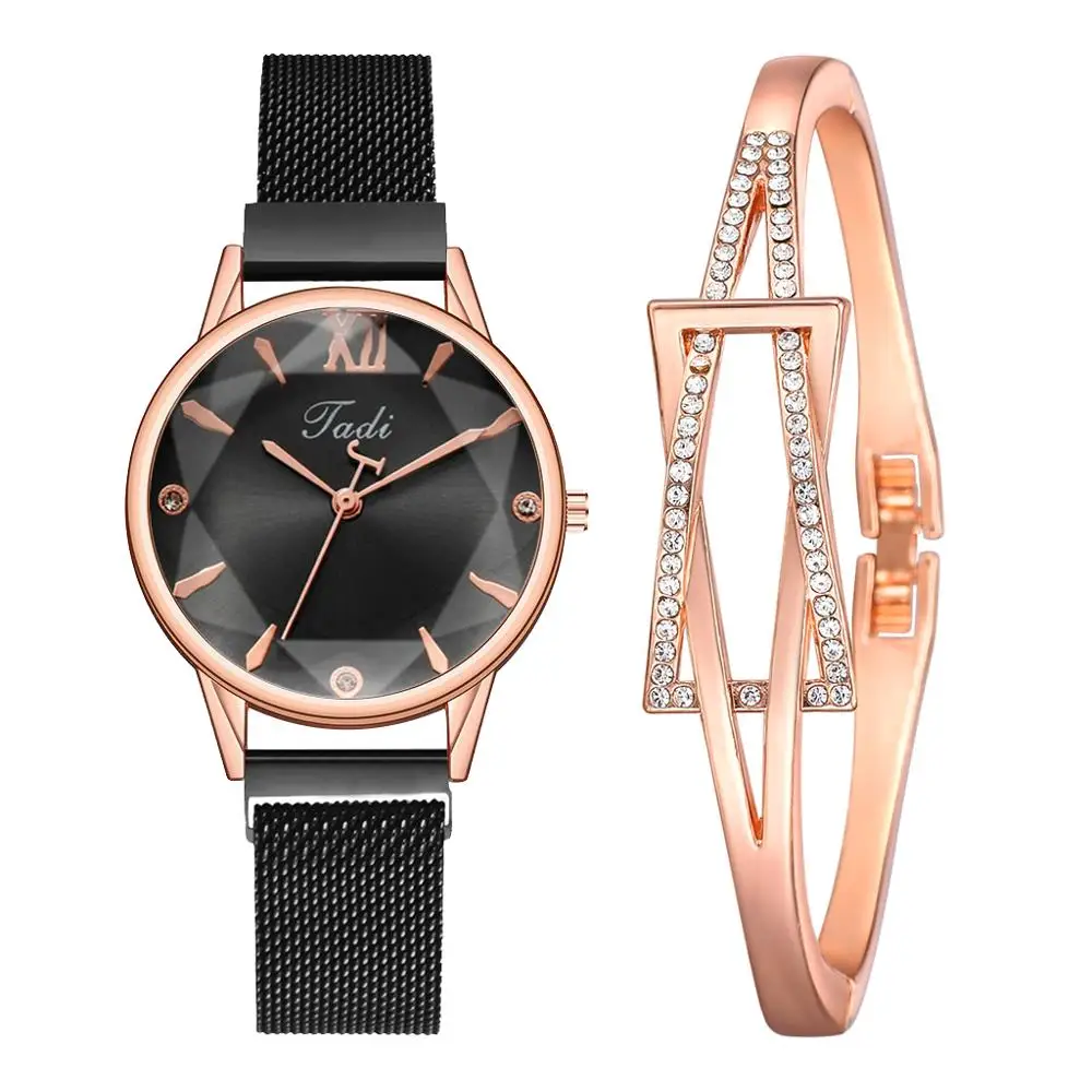 

Fashion 2pcs Set Women Watches Simple Magnet Flower Rhinestone Watch Ladies Wrist Watch Bracelet Set Black Clock Reloj Mujer