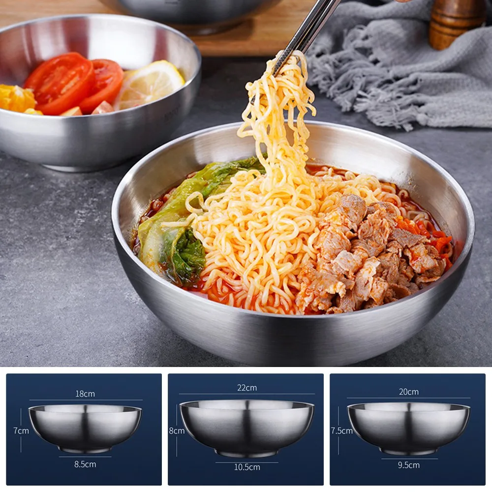 

18/20/22cm Stainless Steel Ramen Noodle Soup Bowl Double Wall Insulated Fruit Salad Bowl Kitchen Light Weight Stackable Tablewar