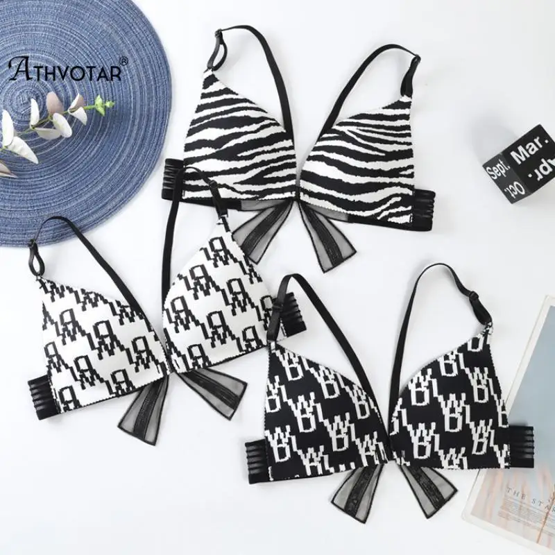 

ATHVOTAR Sexy Front Closure Bra Zebra Pattern Back Butterfly Lingerie Soft Comfortable Seamless Wireless Brassiere Underwear