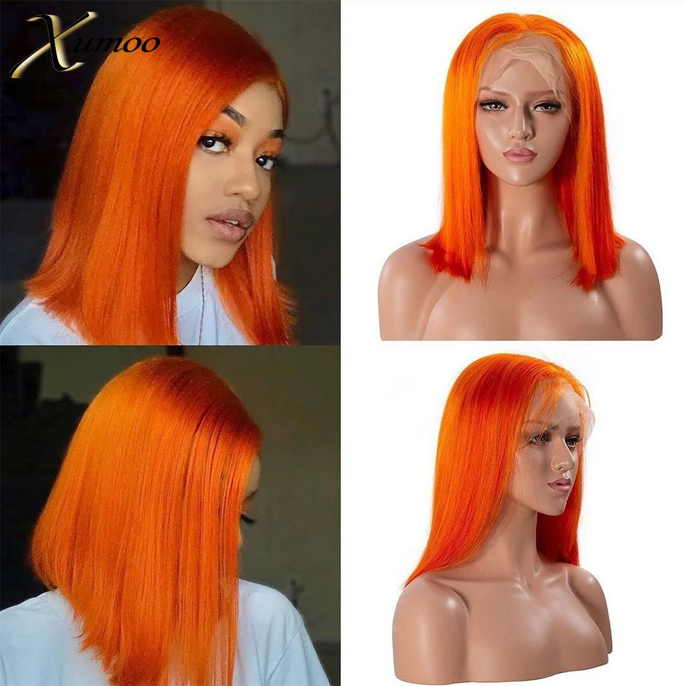 XUMOO 13x4 Lace Front Wig Straight Orange Cosplay Short Bob Cut Wigs Cuticle Aligned Remy Braizlian Human Hair With Baby Hair