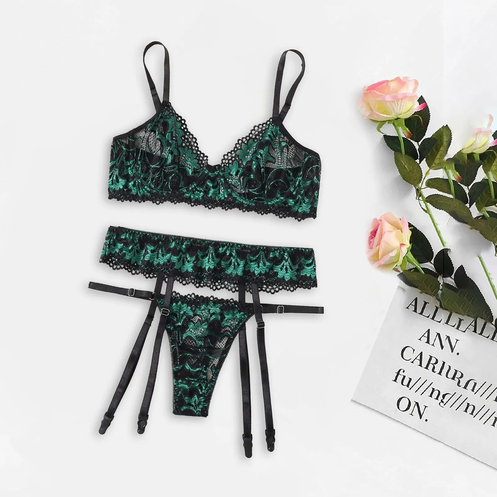 Комплект нижнего белья из 3 предметов, сексуальный комплект нижнего белья с изысканной вышивкой, чувственное женское нижнее белье, прозрачн...