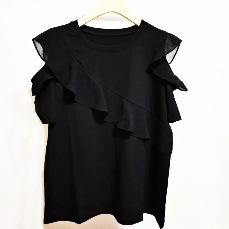 

Асимметричные гофрированные шифоновые Лоскутные однотонные женские футболки с открытыми плечами и круглым вырезом и коротким рукавом X592