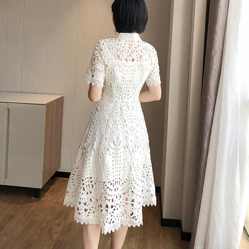 

Women Vintage Summer Flower Embroidery Short Sleeve Hollow Out Lace Midi Dress Elegant Female Sexy Sashes Party Dresses Vestidos