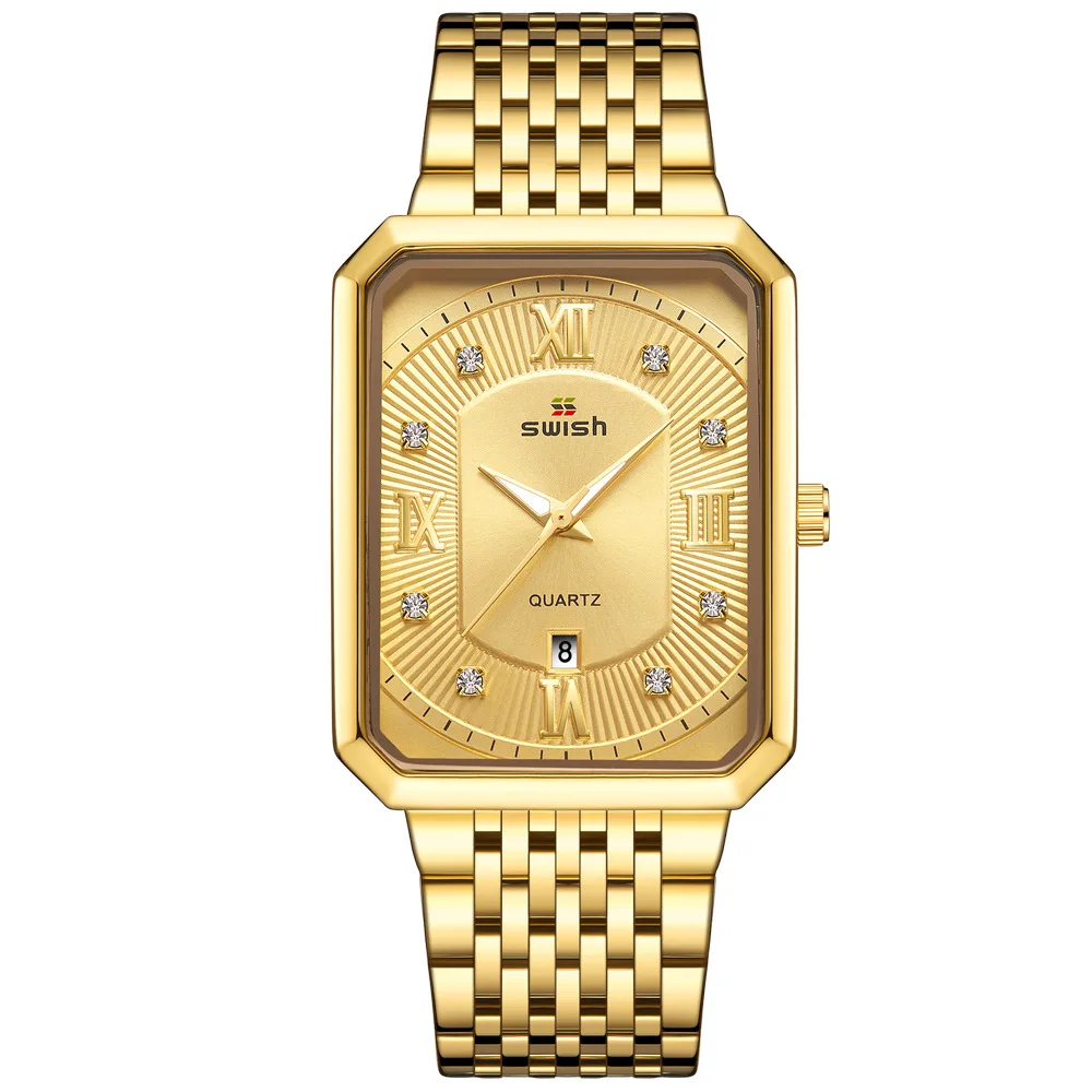 

New Rectangular Men's Fine Steel Belt Minimalism Outdoor Calendar Quartz Watch Waterproof Wrist Watch watch gold