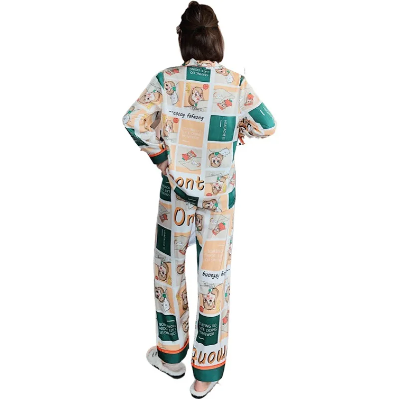 

Autumn New Print Sleepwear Women 2PCS Pajamas Suit Casual Nightwear Sleep Set Silky Home Clothes Intimate Lingerie Pyjamas