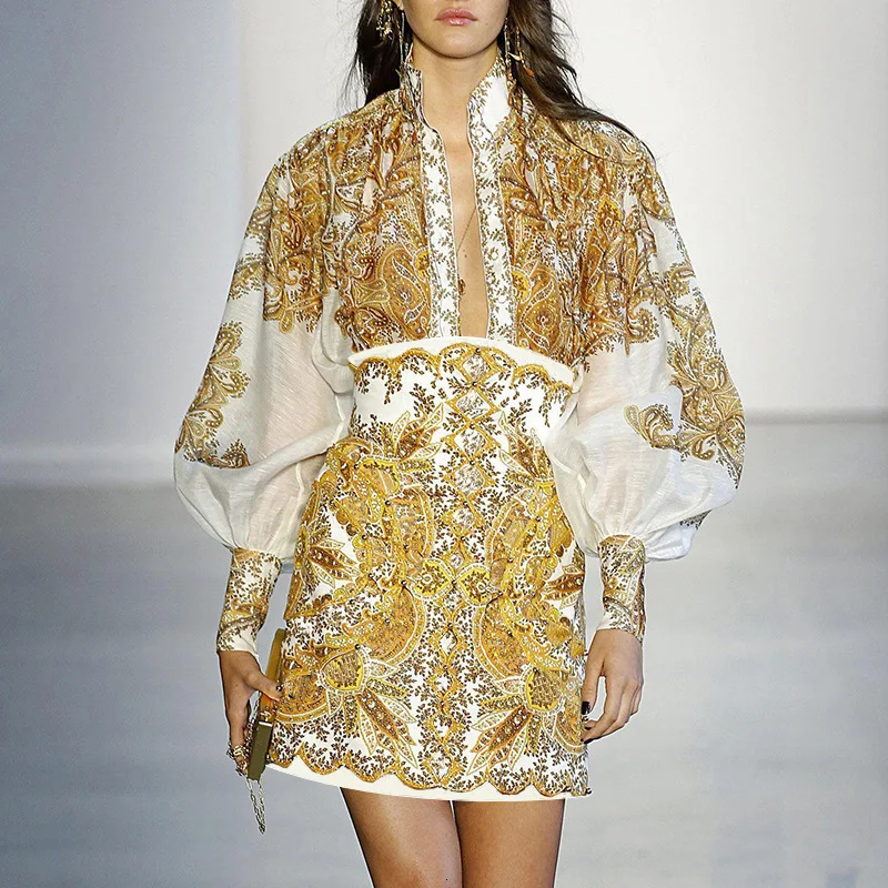 2019 Autumn Long Lantern Sleeve White Golden Floral Print Sexy Tops Short Mini Skirt Women Two Piece Set MH051 | Женская одежда