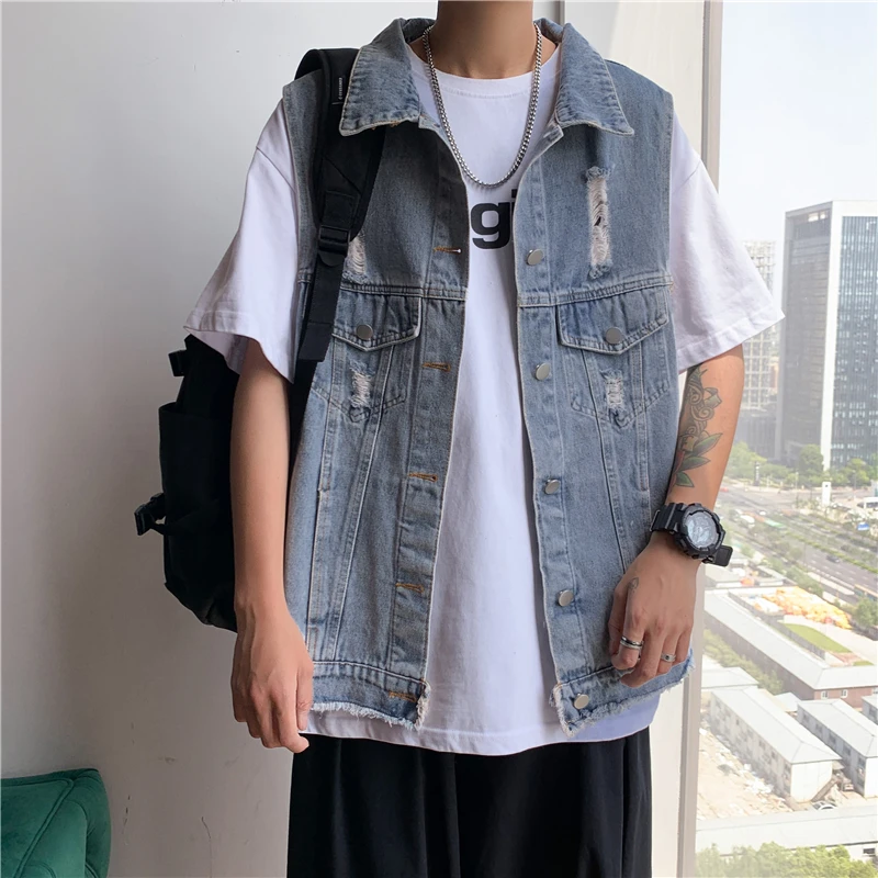 Ripped Denim Vest Summer loose top streetwear hiphop single-breasted black blue sleeveless jacket youth casual men's clothing