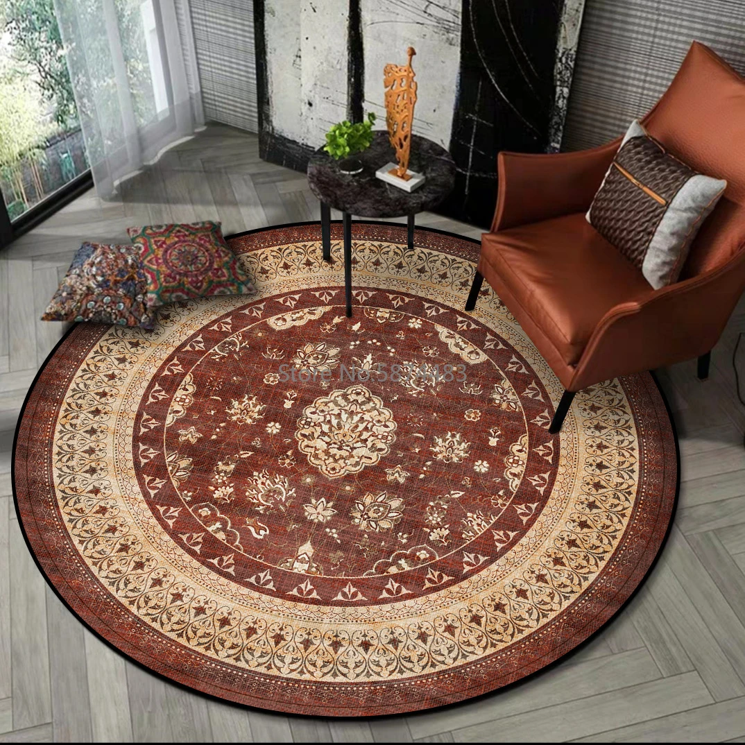 

Round Carpet Retro Brown Flowers Pattern Chair Floor Mat Soft Carpets For Living Room Anti-slip Rug Bedroom Decor Carpet