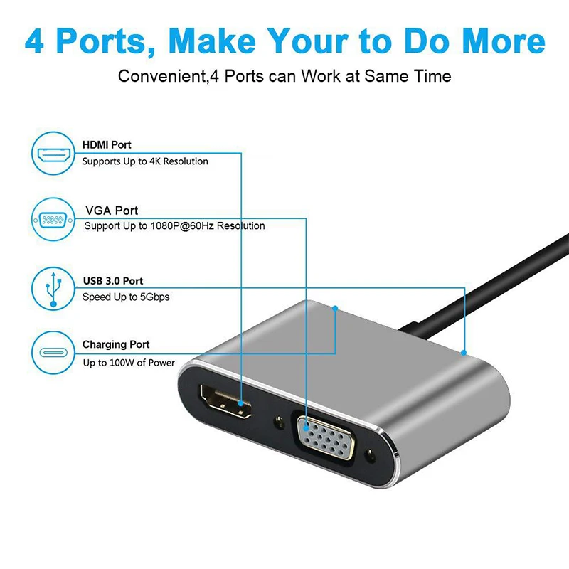 Зарядный usb-кабель типа C к HDMI с поддержкой 4K адаптера VGA USB3.0 аудио-видео конвертер
