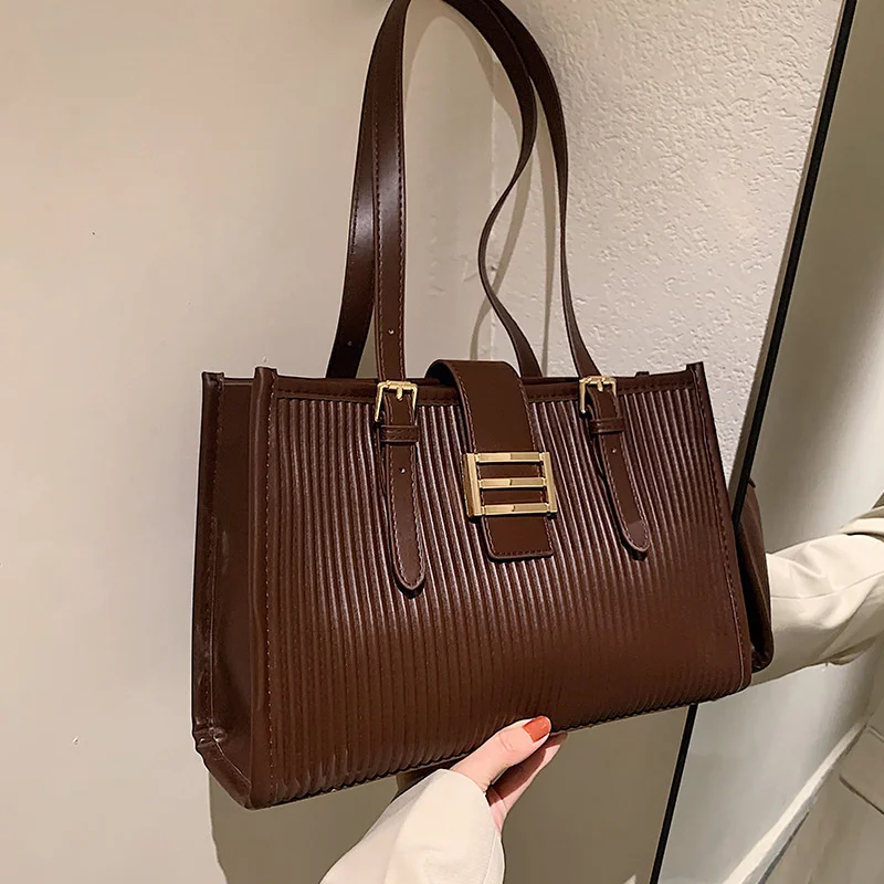 

New Fashion Tote Bags For Female Pure Color Stripe PU Leather Shoulder Bag High Quality Luxury Large Capacity Handbags Bolsa Sac