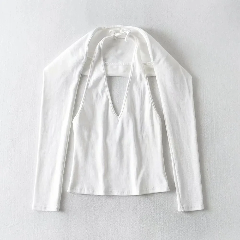 

2 Pcs V neck Long Sleeve Bandage Backless Crop Top