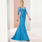 Изящный синий тонкий кружевной лиф, платья для матери невесты с рукавом 34, v-образный вырез, свадебные вечерние платья, иллюзия спины