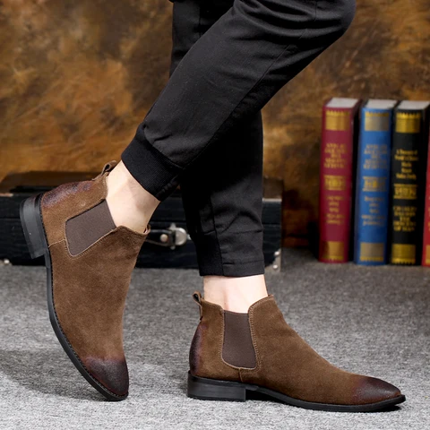 Мужские замшевые ботинки с острым носком, дышащие ковбойские ботинки челси из коровьей кожи, Уличная обувь до щиколотки, новый дизайн