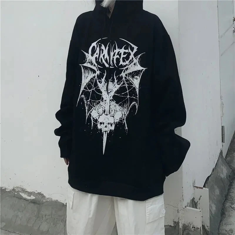 

Female sweatshirt black hooded sweater winter punk print hip-hop loose plus velvet jacket Oversize hoodie harajuku vintage size