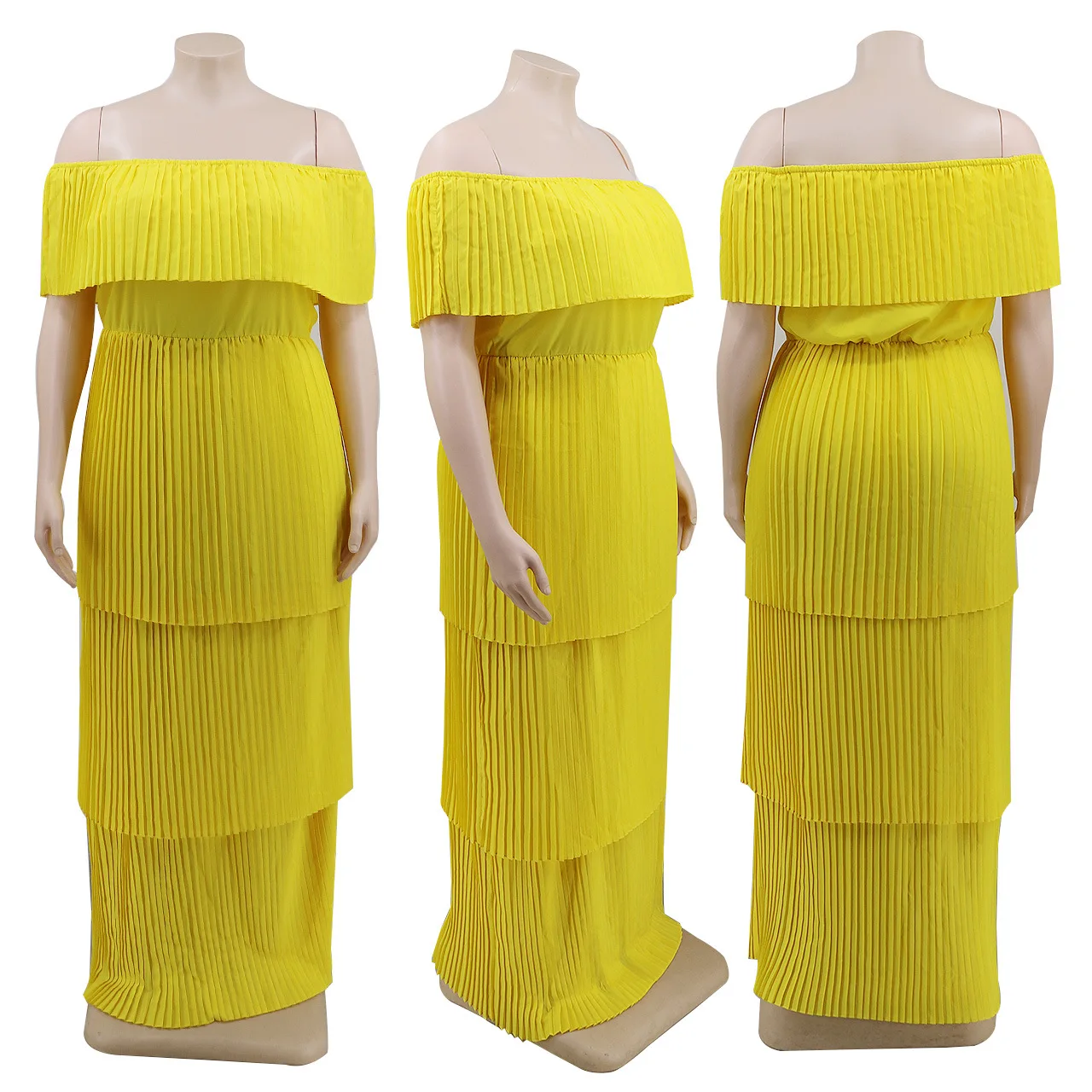 

Yellow Long Pleated Dress Sexy Slash Neck Off Shoulder Vestidos Women Casual Beach Wear Maxi Dress Plus Size Summer Ruffle Layer