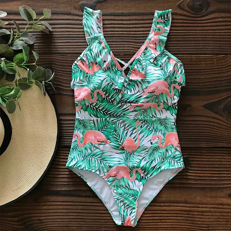 Flamingo3 Новинка, сексуальный цельный купальник с пуш-ап, женская одежда для плавания, монокини, боди, купальник с листьями, женские купальники, летняя пляжная одежда - Цвет: Flamingo3