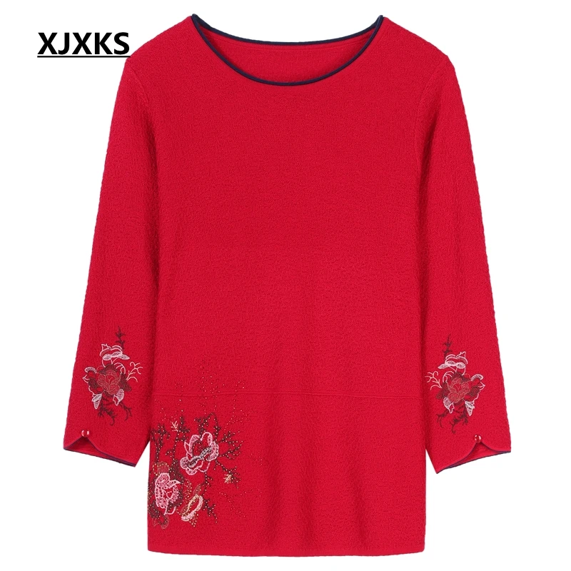 XJXKS Новый 2020 Весенний семибалльной рукава Перемычка Knit Красный Emboridery свитер