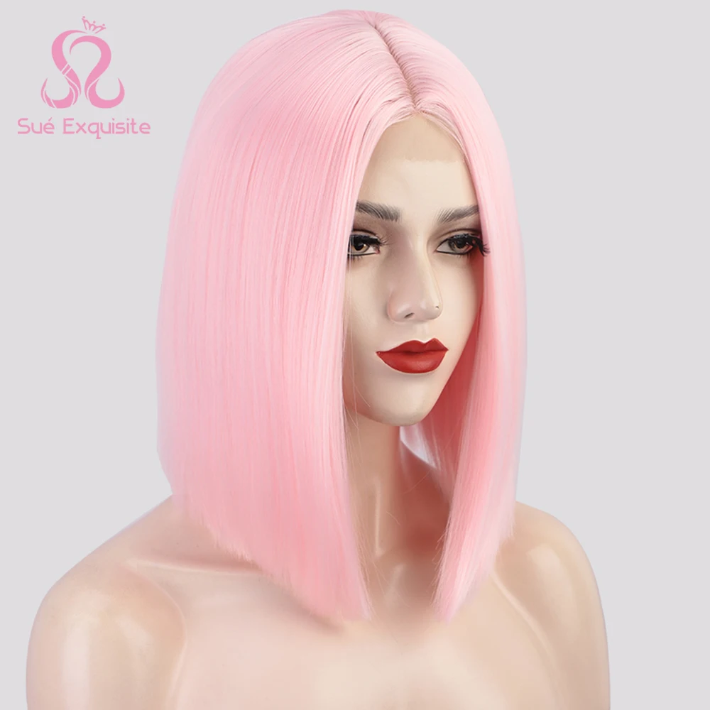 

SUe EXQUISITE Synthetic Pink Wigs Short Straight Bob Wigs for Women Cosplay Wig Middle Part Party Daily Use Shoulder Length