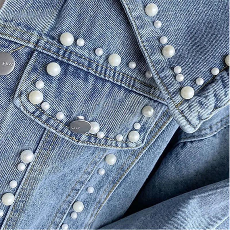 

Beading Denim Jacket Women 2021 Spring Autumn Fashion Girls Sweet Short Loose Single-breasted Turn Down Collar Jeans Coat T104