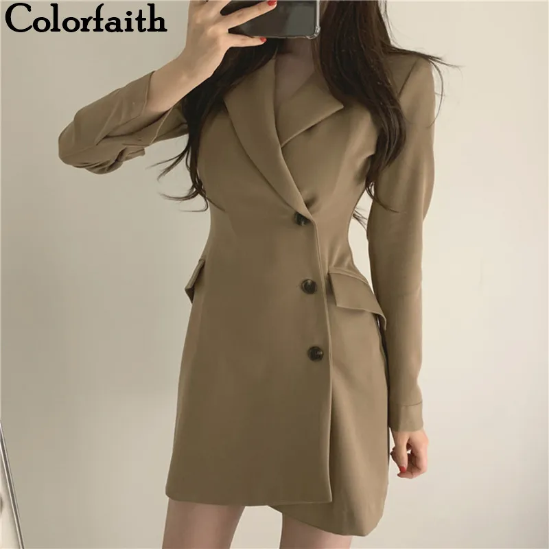 Colorfaith Новинка 2019 осень зима женские Платья офисные на пуговицах с разрезом