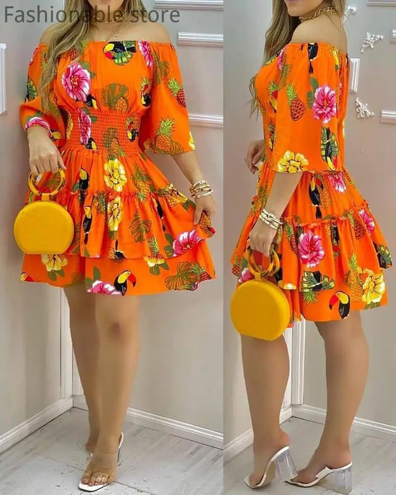 

Women Elegant Floral Print Off Shoulder Short Sleeve Pleated Dress