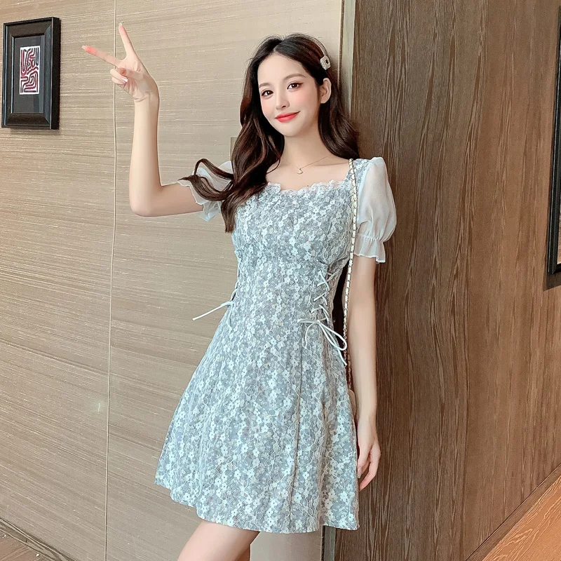 

Summer Women New Korean Chiffon Stitching Fashion Square Neck Short Sleeve Dress Waist Thin Lace Print Floral Short Dress Female