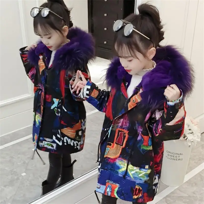 Purple Новинка года, одежда для девочек на температуру до-30 градусов длинная стеганая одежда зимняя куртка детские теплые плотные пальто с искусственным мехом и капюшоном верхняя одежда для подростков, парка - Цвет: Purple