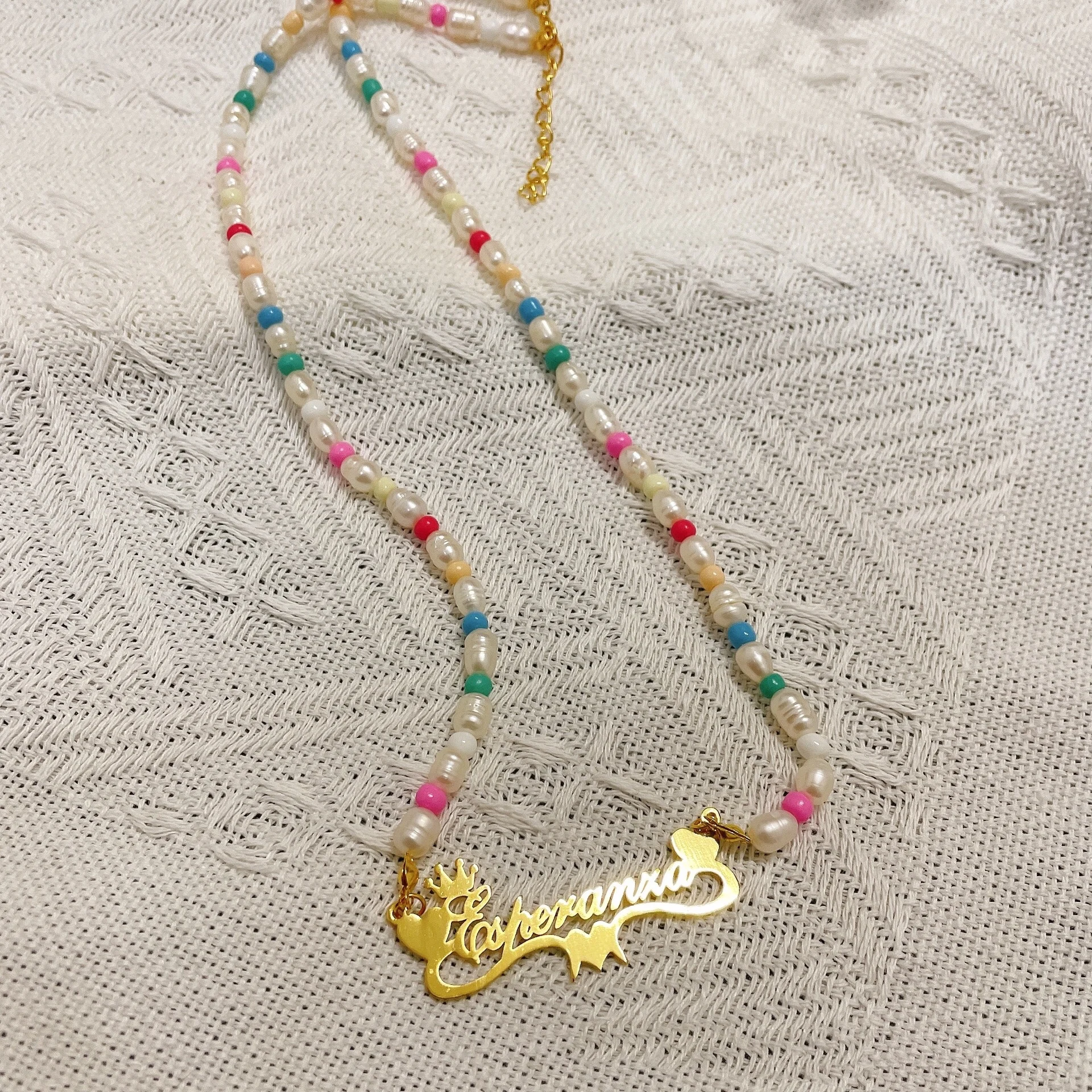 Customized Name Pearl Necklace Personalized Nameplate Necklace DIY Name Pendant Colorful Chain Women Charming Women Jewelry Gift