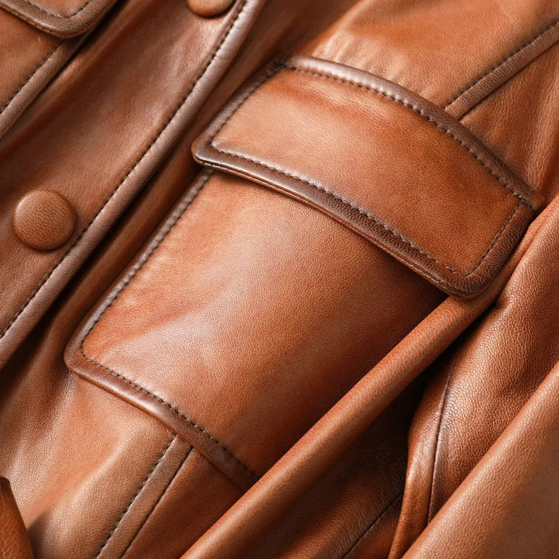 Winter Classic Slim Long Sheepskin Women Genuine Leather Jackets High Quality Full Sleeves Coat Sashes Pockets Caramel Outwear