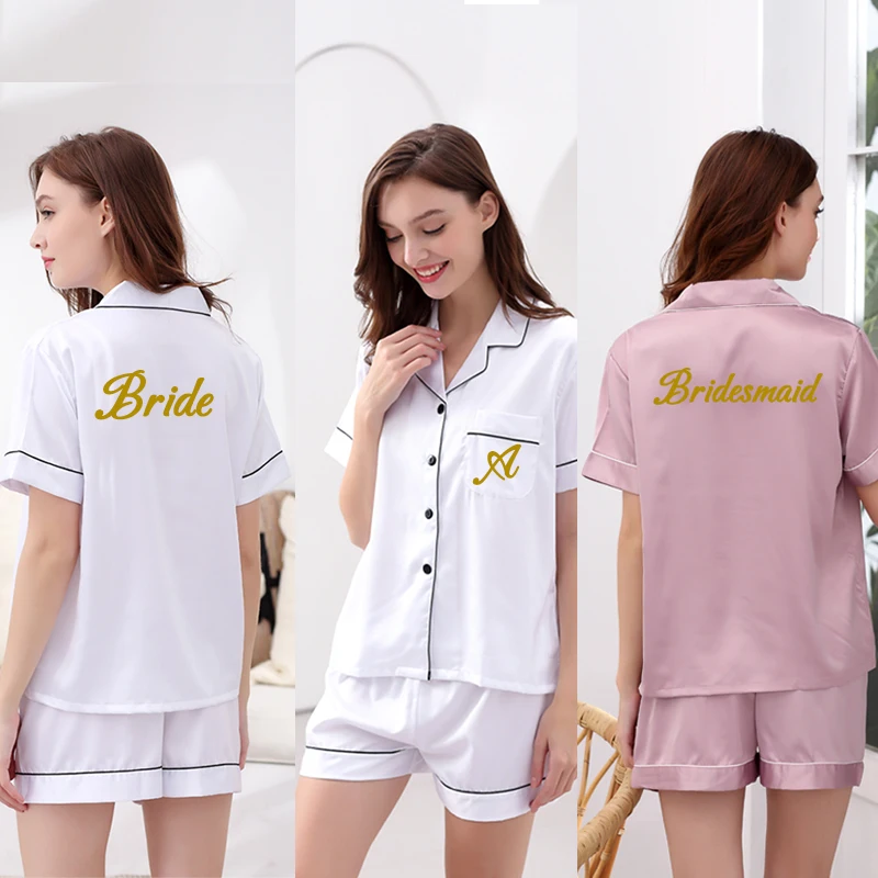 Womens Ladies Satin Wedding Bridesmaid Bride Pyjama Set Silky Lounge Wear Pajamas Short Sleeve Pjs Set