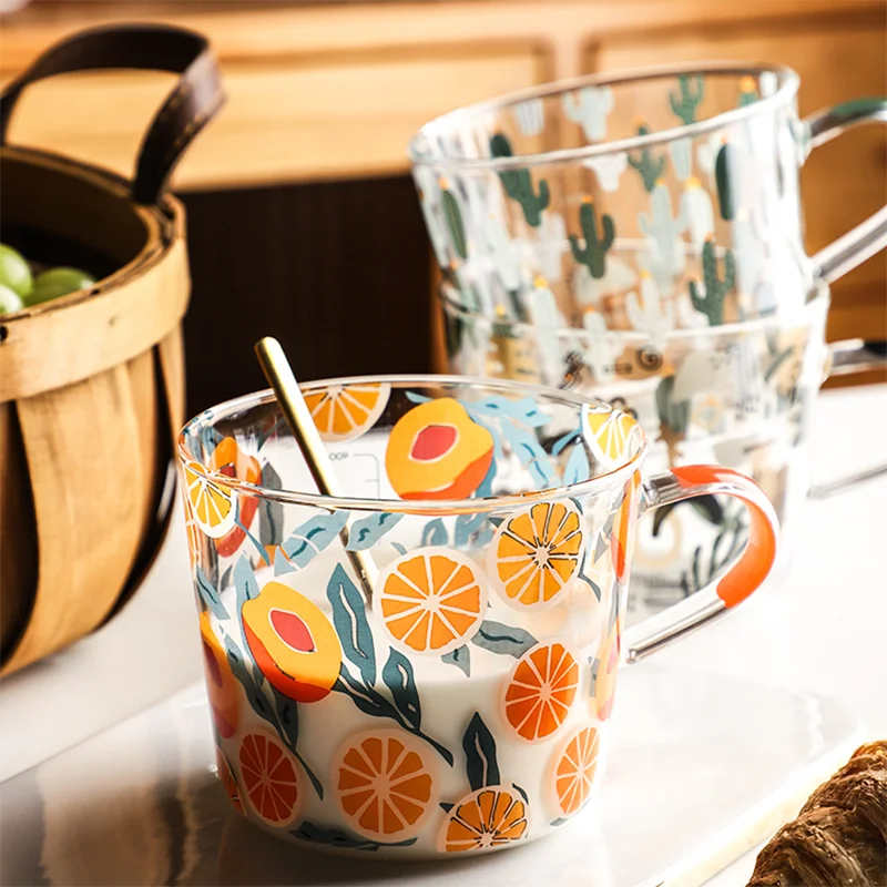 500 мл стеклянная чашка для молока кофе эспрессо милый Принт желтый персик кактус