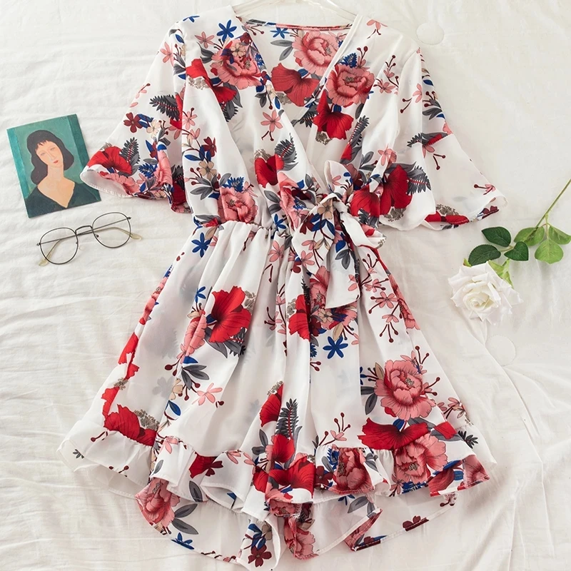 

Jumpsuits women clothing 2022 fashion wide leg pants flared sleeves rompers playsuits sexy V neck slim summer jumpsuits female