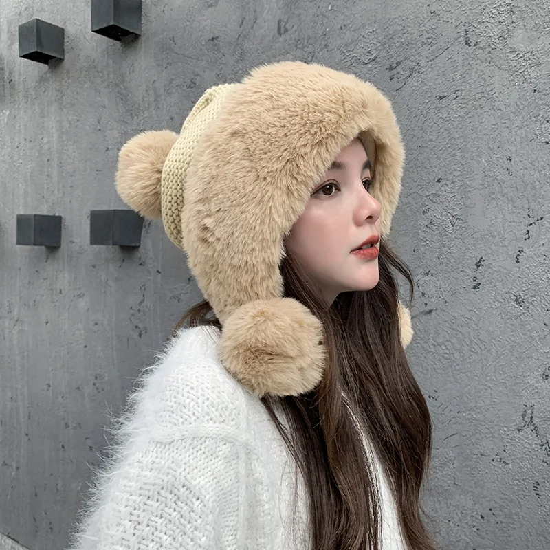 SWAK Winter Knit Hat Women Fur Bomber Plush Snow Hats with Ball Female Solid Novelty Hip-Hop Beanie Outdoor Ear Protection Cap