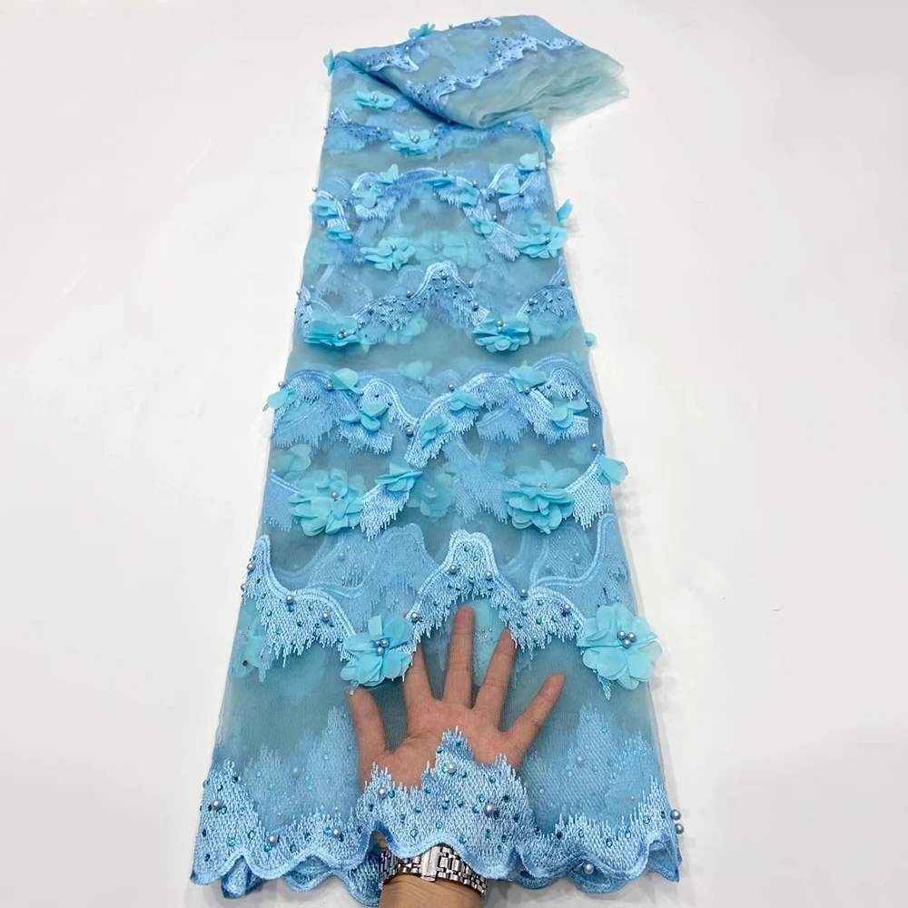 

Голубая вышивка, африканская 3D кружевная ткань, аппликация, цветок, высшее качество, швейцарская французская сетка, тюль для платья, материа...