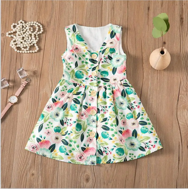 Summer Clothing New Style Sleeveless Clothes Printed Children's Dresses With Buckle For Girls Dress Green Leaf Flower Baby Skirt | Детская