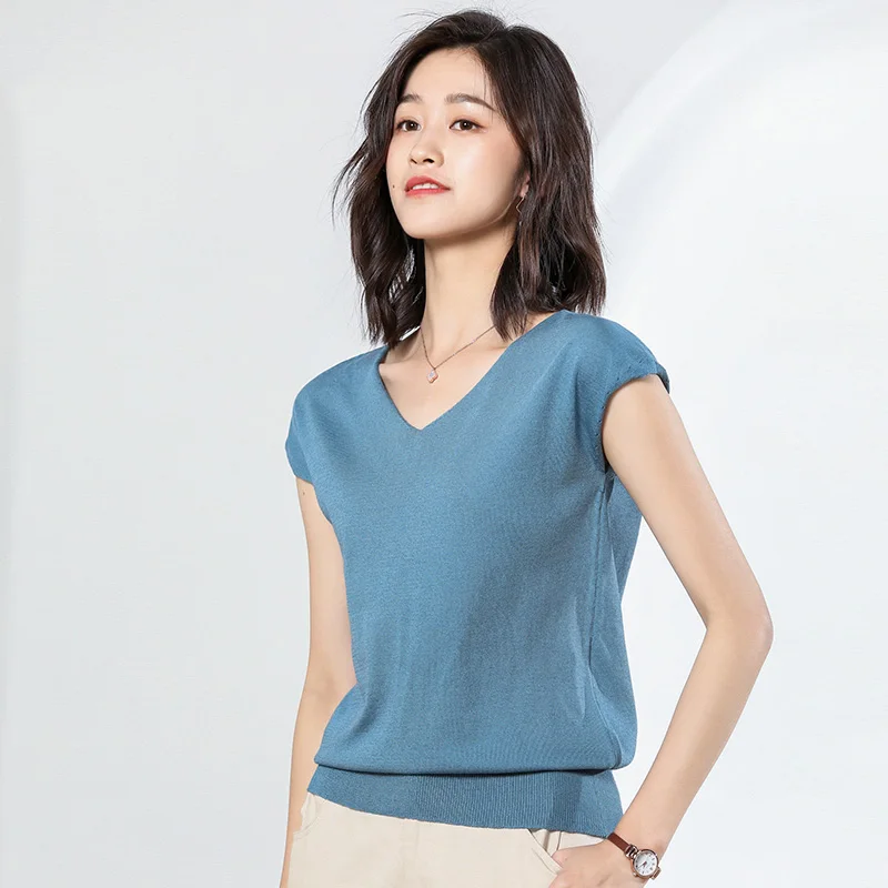 Летний женский Шелковый вязаный свитер с v-образным вырезом без рукавов тонкий
