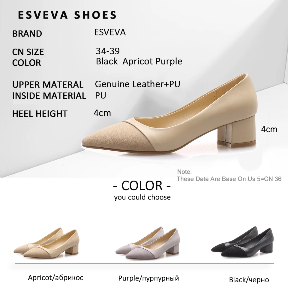

ESVEVA 2019 Buckle Women Pumps Shoes Square Med Heels Patchwork Shallow Women Elegant Shoes PU Pumps Pointed Toe Size 34-39