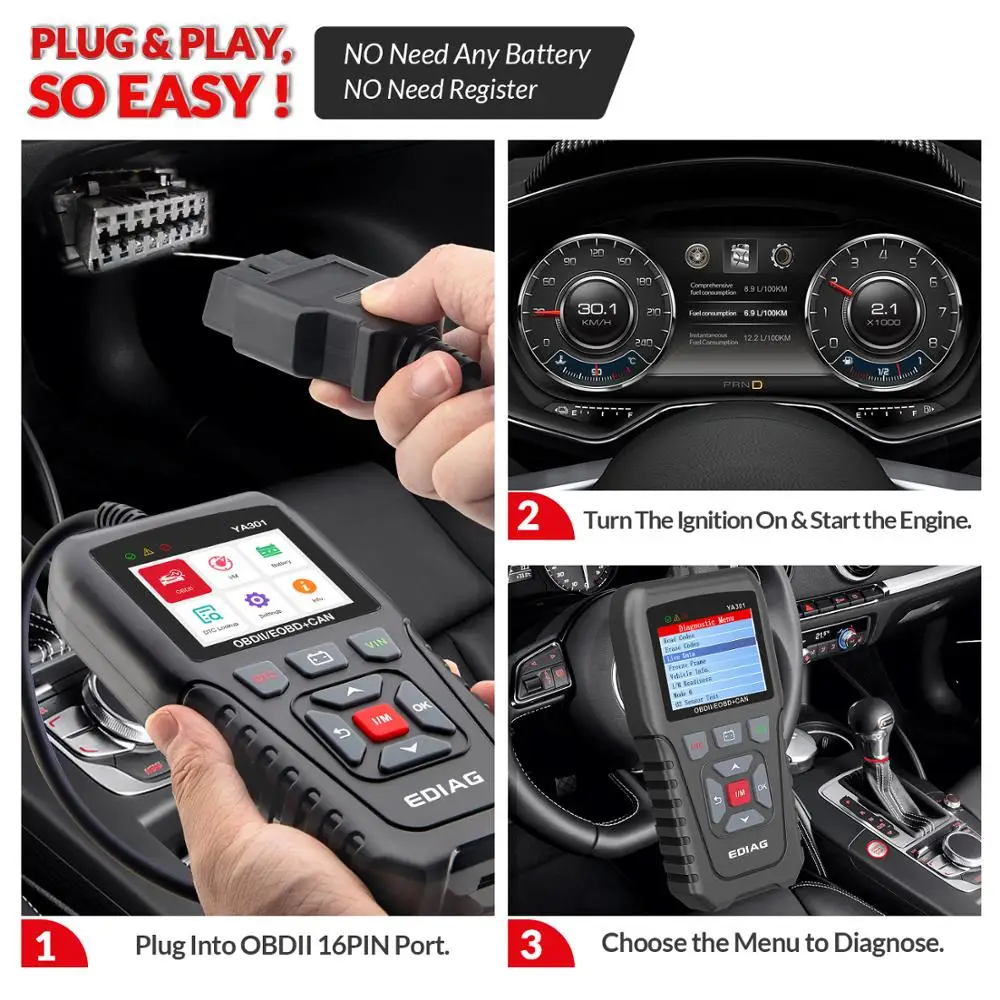 Ediag YA301 OBDII/EOBD Battery test real 16Pin Code Reader graph datastream USB update OBD2 Diagnostic Tool PK CR3001 ELM327 | Автомобили