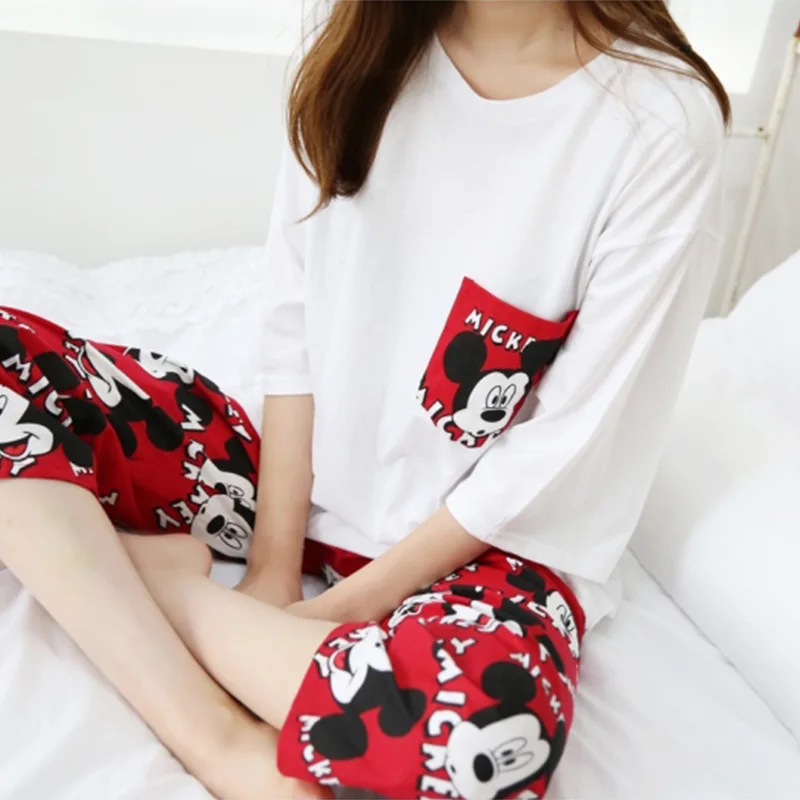 

Disney Mickey Summer Cropped Sleeve Pajamas Female Summer cartoon cute Mickey Cropped Pants Home Service Suit Thin Section