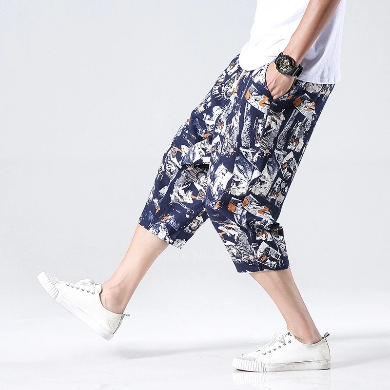 

Printed Men Harem Pants Japanese Style Fashion Harajuku Asian Retro Hip Hop Streetwear Vintage Loose Linen Wide Leg Trousers