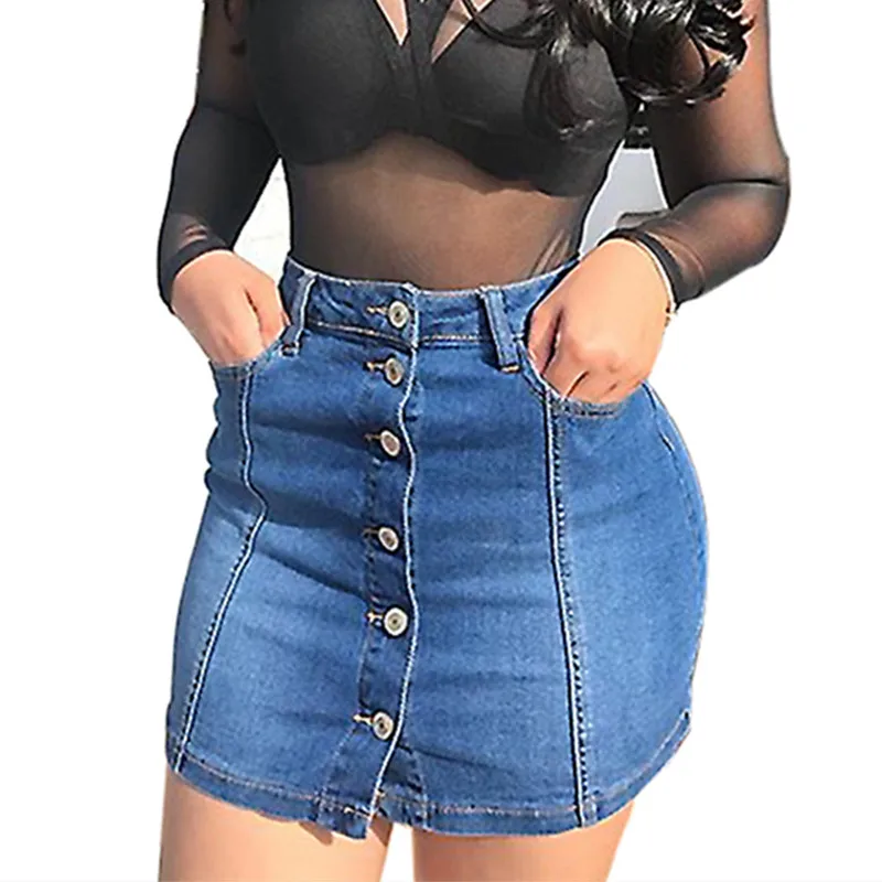Женская короткая джинсовая юбка синяя трапециевидная мини с высокой талией и